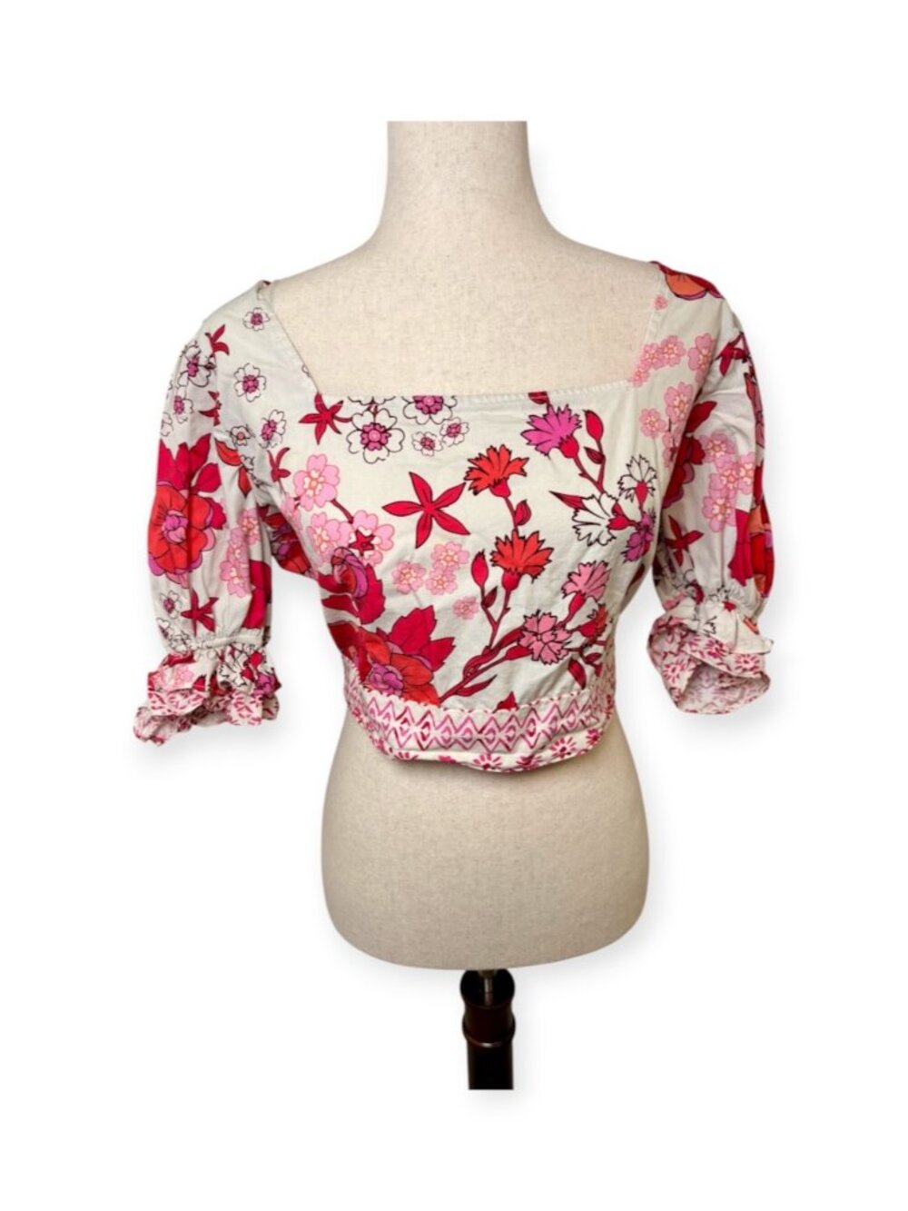 BTFL-life White Pink Floral Split Open Back Tie Crop Top Size Large